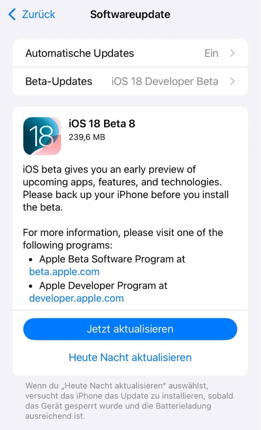 山南苹果手机维修分享苹果 iOS / iPadOS 18 开发者预览版 Beta 8 发布 